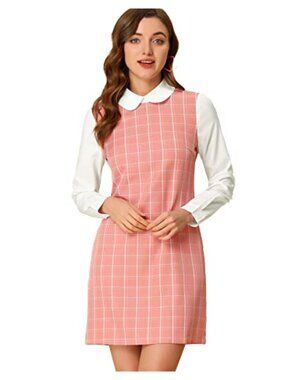1960s Color Block Peter Pan Collar Long Sleeve Mini Dress Plaid Shift Dress